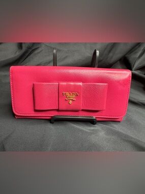 Prada Pink Saffiano Fiocco Continental Bow with Gold Logo Wallet